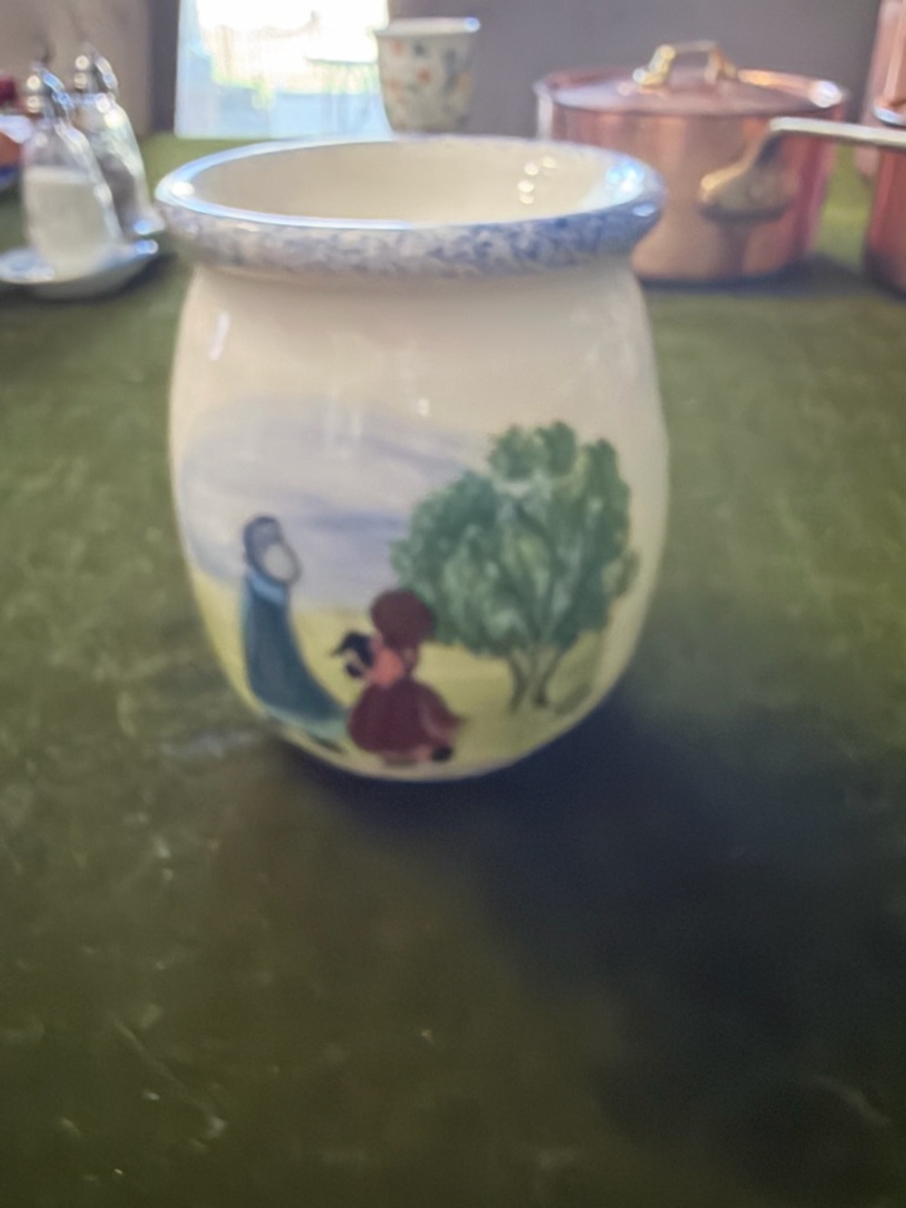 Hand-Painted Ceramic candle holder Piece by Jeanne Koch - Blue Speckle Trim